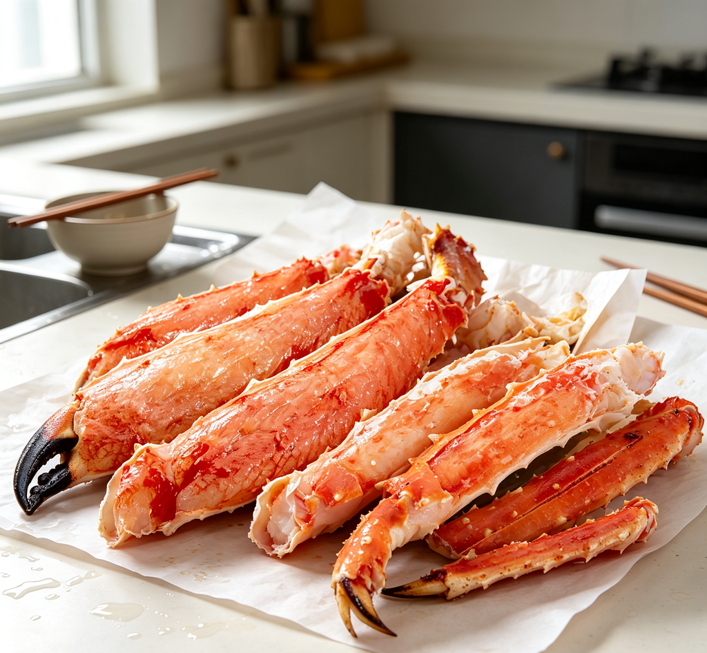 Red king crab legs on a stainless steel surface
