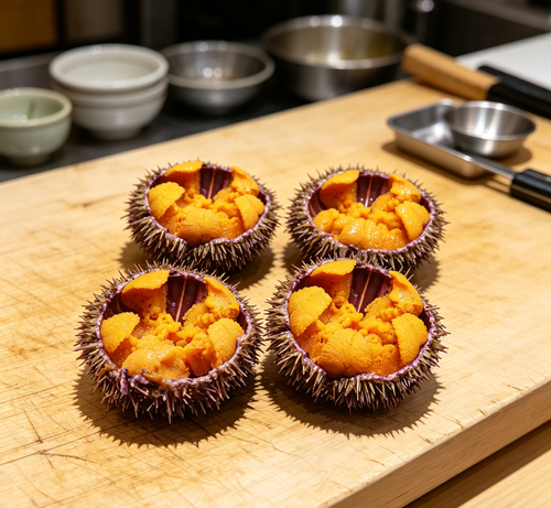 Fresh whole sea urchins with vivid orange roe
