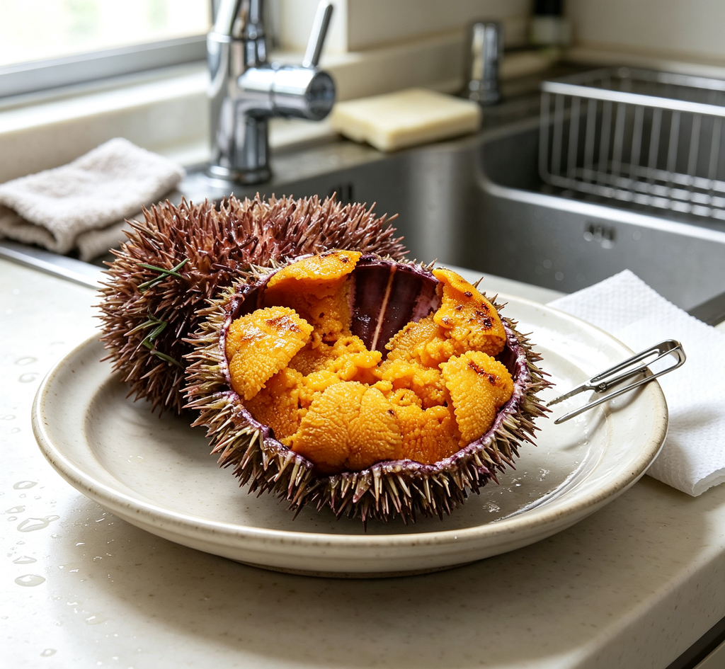 Close view of firm orange sea urchin roe
