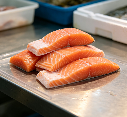 Raw salmon steaks on a stainless steel tray