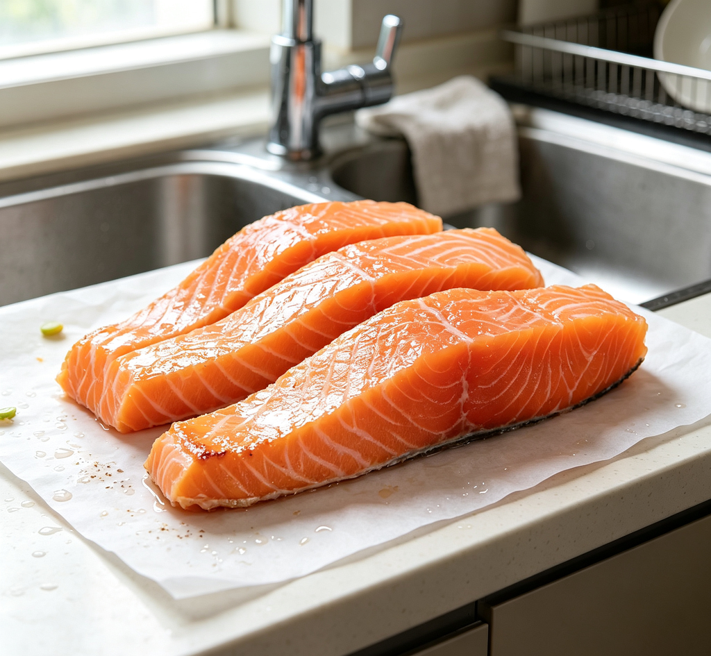 Fresh salmon steaks on parchment paper