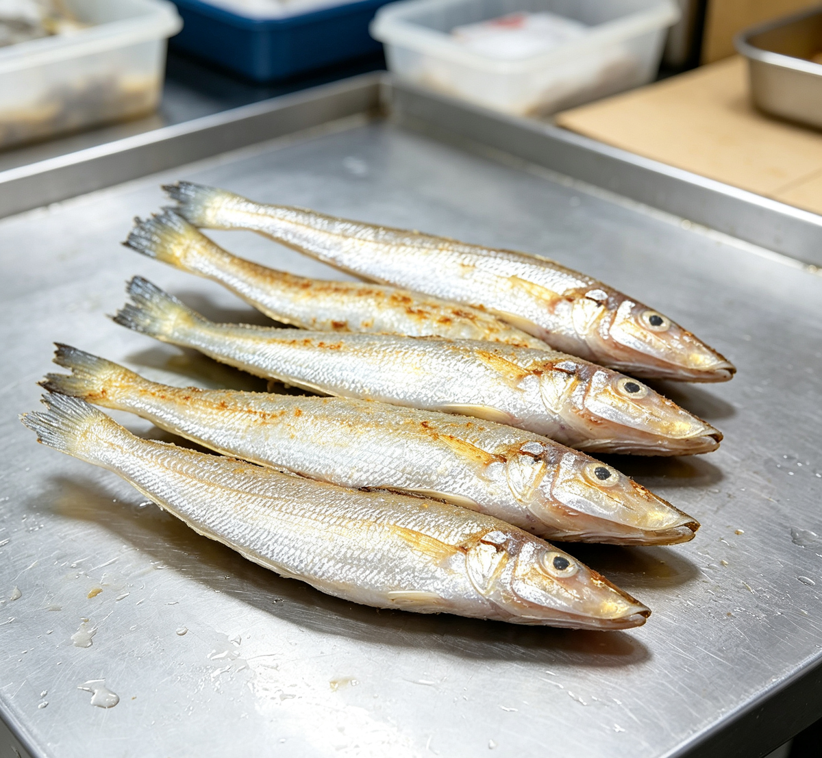 Row of silver whole fish ready to cook
