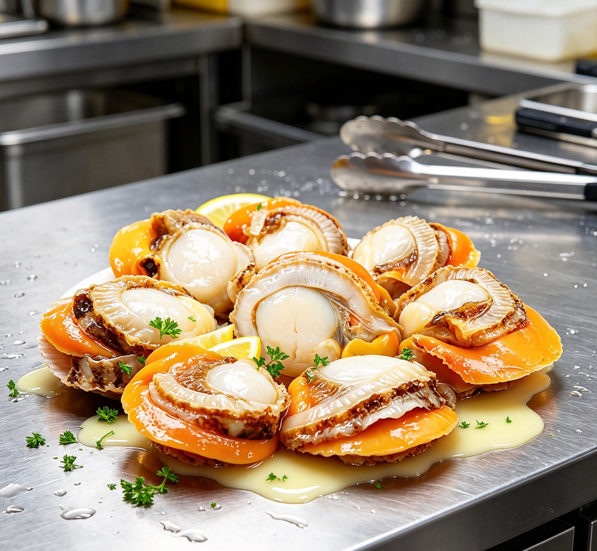 Close view of plump white scallop meat