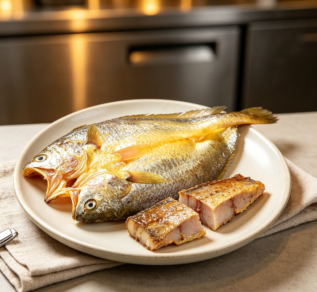 Golden pan-fried whole fish with crisp skin